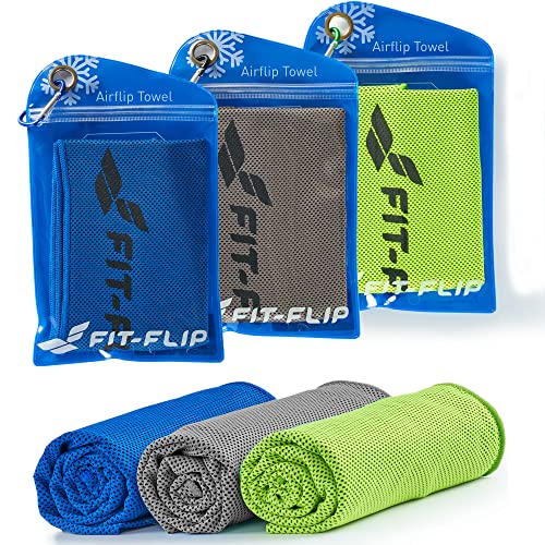 Fit-Flip Kühlhandtuch 3er Set - Cooling Towel und mikrofaser Kühltuch - kühlendes Handtuch - Airflip Towel für Fitness und Sport - Ice Towel (grün/dunkel blau/grau, 100x30cm) von Fit-Flip