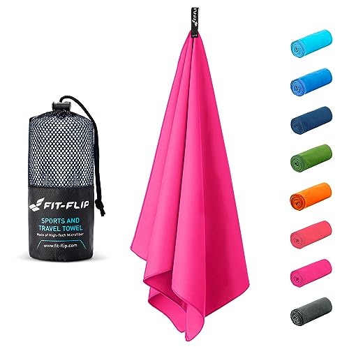 Fit-Flip Microfaser Handtücher - kompakt und leicht - Mikrofaser Handtuch schnelltrocknend - als Reisehandtuch, Sporthandtuch, Strandtuch - Badetuch groß (2X 50x30cm + 1 Tasche, Pink) von Fit-Flip