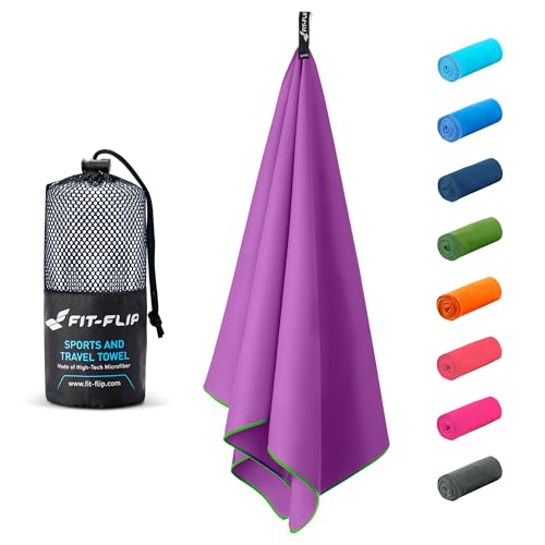 Fit-Flip Microfaser Handtücher - kompakt und leicht - Mikrofaser Handtuch schnelltrocknend - als Reisehandtuch, Sporthandtuch, Strandtuch - Badetuch groß (2X 50x30cm + 1 Tasche, Violett-Grün) von Fit-Flip