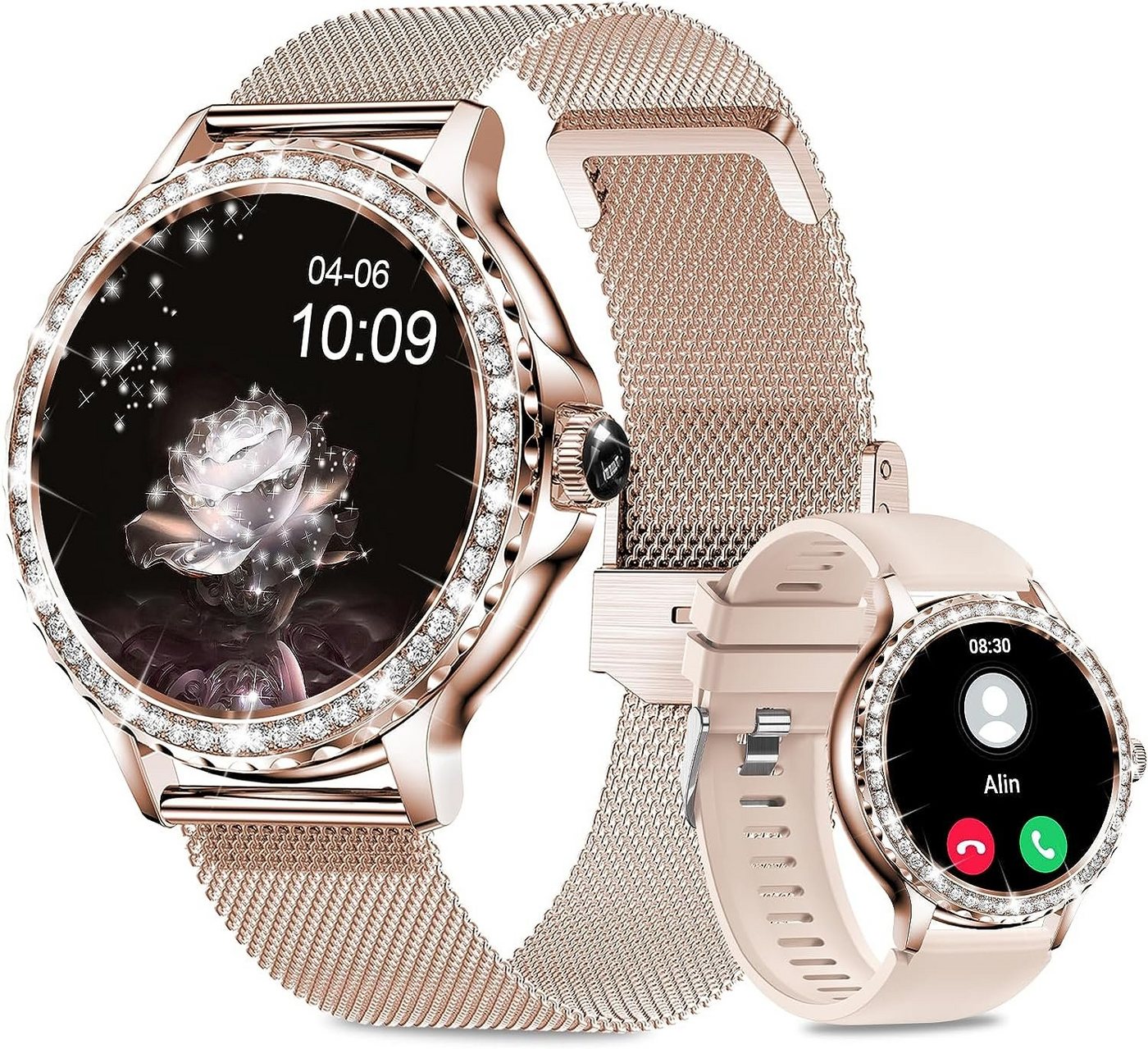 Fitonus Damen mit Telefonfunktion Touchscreen Smartwatch (1,3 Zoll, Android iOS), mit Periodenverfolgung, 110+ Sport, Herzfrequenz, SpO2 Schlafmonitor von Fitonus