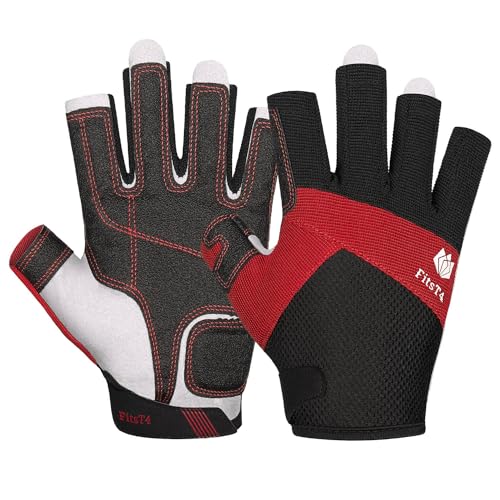 FitsT4 Sports Kajak Handschuhe 3/4-Finger gepolsterte Handfläche Mesh Rücken für Komfort Perfekt zum Segeln, Paddeln, Kanufahren, Kajakfahren, SUP Stehpaddeln,Rot,XL von FitsT4 Sports