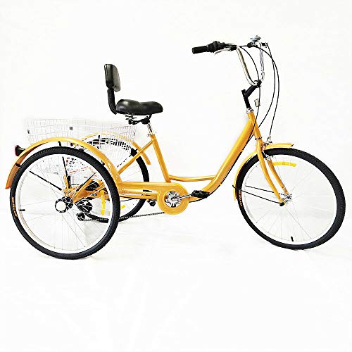 Futchoy 24 Zoll Dreirad für 155-180cm Erwachsene, 6-Gang Erwachsener Einkauffahrrad Schaltung Tricycle mit Korb und Rückenlehne, 3 Räder Lastenfahrrad Fahrrad Bike, Gelb von Futchoy