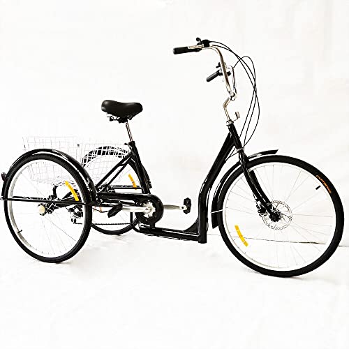 Futchoy 26" Dreirad Für Erwachsene Fahrrad Erwachsenendreirad 6 Gänge mit Einkaufskorb,Fahrzeughöhe einstellbar (Schwarz) von Futchoy