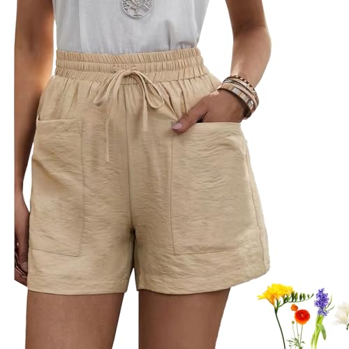 GANDUS Solide Sommer-Shorts mit Zwei Taschen, lässig, bequem, Kordelzug, elastische Taille, Baumwoll-Leinen-Shorts mit Taschen (G,L) von GANDUS