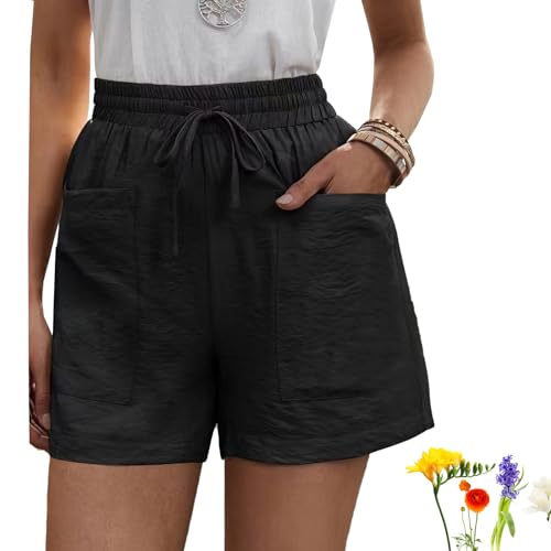 GANDUS Solide Sommer-Shorts mit Zwei Taschen, lässig, bequem, Kordelzug, elastische Taille, Baumwoll-Leinen-Shorts mit Taschen (H,S) von GANDUS