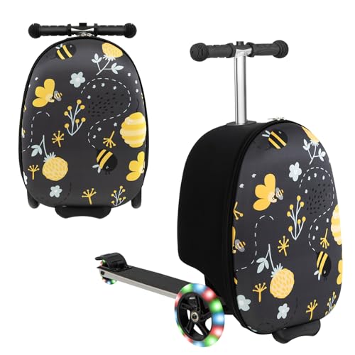GOPLUS 2 in 1 Kinderkoffer mit Roller, 26 Zoll Reisegepäck mit Eva-Gehäuse & LED-Rädern, Klappbarer Scooter mit einziehbarem Lenker für Kinder ab 5 Jahre alt (Blume & Biene) von GOPLUS