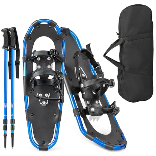 GYMAX 53/63/76 cm Schneeschuhe, leichte Geländeschneeschuhe-Set, 3 in 1 Schneeschuhset mit Trekkingstöcken & Tragetasche, Aluminium-Schneeschuhe für Bergtouren & Trekking (63 cm, Marineblau) von GYMAX