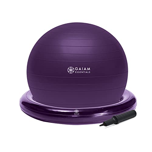 Gaiam Essentials Balance Ball & Base Kit, 65 cm Yoga Ball Stuhl, Gymnastikball mit aufblasbarer Ringbasis für Zuhause oder Büro, inklusive Luftpumpe, Violett von Gaiam