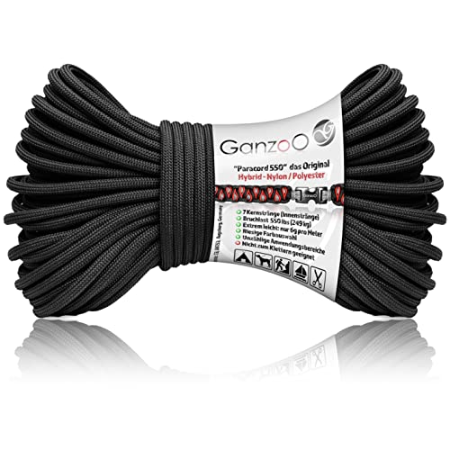 Ganzoo Paracord 550 Seil Schwarz/Typ Hybrid für Armband, Leine, Halsband, Nylon/Polyester Hybrid-Seil, Neue Ausführung, 30 Meter (Onyx) von Ganzoo