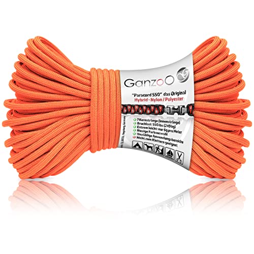 Ganzoo Paracord 550 Seil Rot-Orange Koralle/Typ Hybrid für Armband, Leine, Halsband, Nylon/Polyester Hybrid-Seil, Neue Ausführung, 30 Meter von Ganzoo