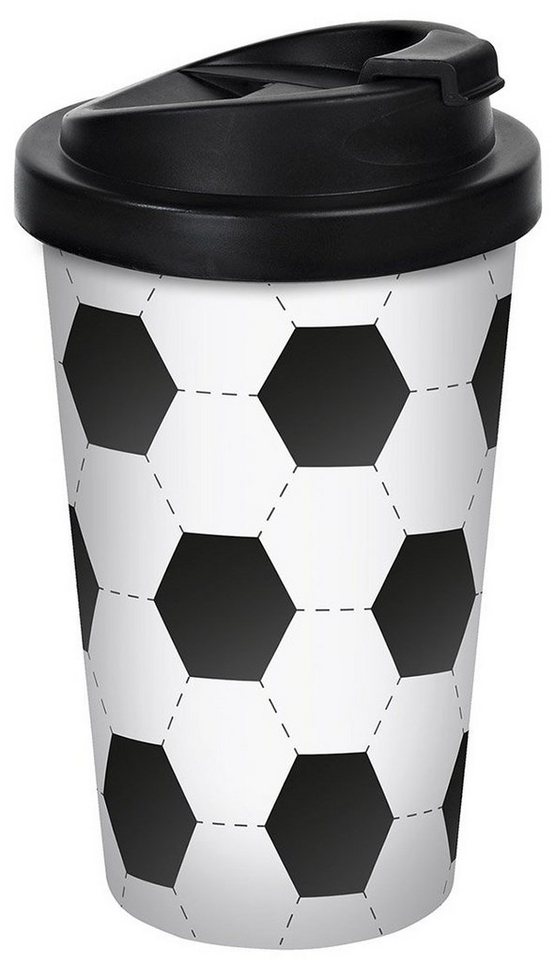 Geda Labels GmbH Coffee-to-go-Becher Fußball, PP, Schwarz, 400 ml, doppelwandig, auslaufsicher von Geda Labels GmbH