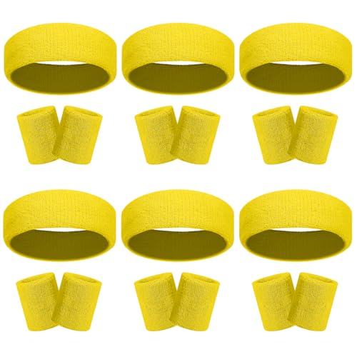 18-teiliges Schweißband-Set, bunt gestreift, Frottee, Sport, Fitnessstudio, 80er-Jahre, Schweiß-Stirnbänder, Handgelenkbänder (gelb) von Geebuzz
