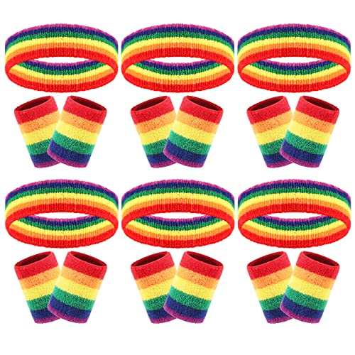18-teiliges Schweißband-Stirnband-Armband-Set, bunt, gestreift, Frottee, Sport, Fitnessstudio, 80er Jahre, Schweiß-Stirnbänder, Handgelenkbänder (6er Pack-Regenbogen) von Geebuzz