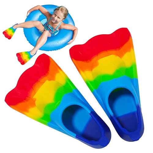Schwimmflossen Kinder 2024 Bright Rainbow Silikon Trainingsflossen Bodyboarding Flossen Bequeme Kinder Schnorchelflossen Kurze Jugendschwimmflosse für Jungen Mädchen Rundenschwimmen (M) von Gehanico