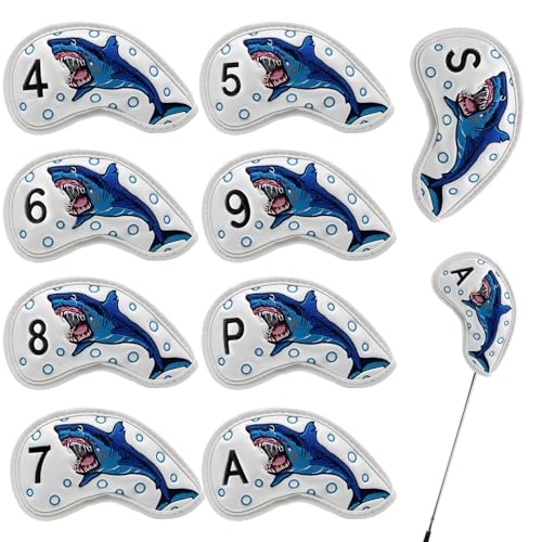 Generic 9 Stück Golfschlägerhüllen, 9 Stück Schlägerkopfhüllen für Golfschläger, Gesticktes Shark Iron Head Covers Golfschlägerhüllen-Set, PU-Leder-Golfschlägerhüllen aus Eisen, schützende von Generic