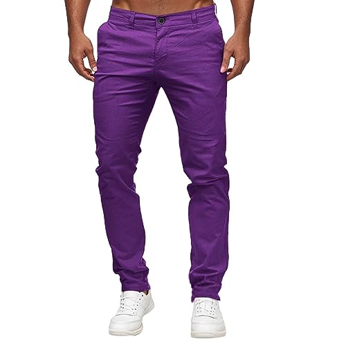 Herren Chino Hose Slim-Taillen-Vollhose für Herren, lässig, solide, mittlere Taschenlänge, modische Hose, Herrenhose Smog Hose Herren (Purple, L) von Generic