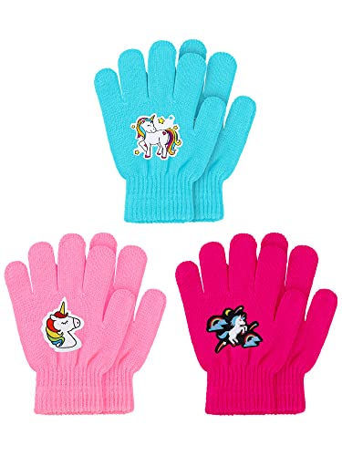 Geyoga 3 Paar Kinder Handschuhe Winter Vollfinger Bunte Einhorn Strickhandschuhe für Mädchen Jungen im Alter von 4-10 (Heller Stil) von Geyoga