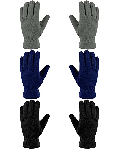 Geyoga 3 Paar Kinder Vlies Handschuhe Vollfinger Fäustlinge für Jungen Mädchen (Blau, Grau, Schwarz, M (8-12 Jahre)) von Geyoga
