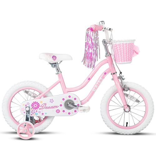 Glerc Daisy 14 Zoll Kinderfahrrad Alter 2 3 4 5 6 Jahre alte Mädchen Fahrrad mit Stützrädern & Korb & Luftschlangen，Rosa von Glerc
