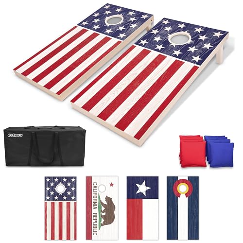 GoSports Flaggen-Serie Holz Cornhole Sets - Wählen Sie Amerikanische Flagge oder Staatsflaggen - Enthält Zwei Bretter in Standardgröße 1,2 x 0,6 m, 8 Sitzsäcke, Tragetasche und Regeln von GoSports