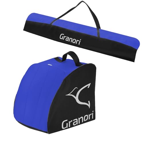 Granori Skitasche/Skisack + Skischuhtasche Kombi-Set mit Wasserablauflöcher für 1 Paar Skischuhe & Skier 160/170 / 180 cm (Blau-Schwarz, 170 cm) von Granori