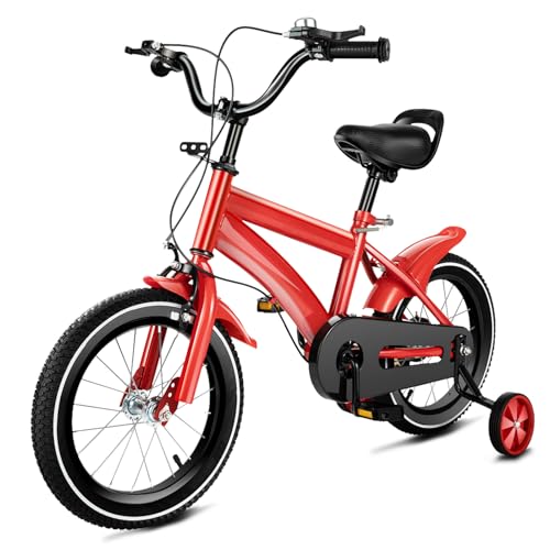 HINOPY - 14 Zoll Kinderfahrrad, Fahrräder für Kinder mit Stützräder & Stabilisatoren Handbremsen, Gummireifen, Lenkrad, Höhenverstellbares, für 3-6 Jahre Jungen & Mädchen (Rot) von HINOPY