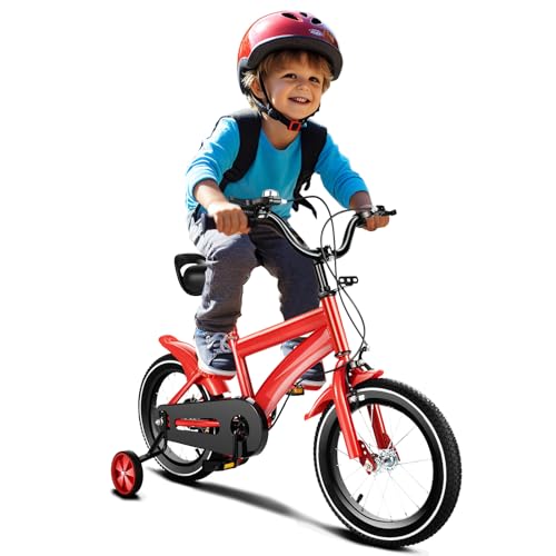 HINOPY 14 Zoll Kinderfahrrad, Mädchenfahrrad Rad Bike Unisex Höhenverstellbares Kinder fahrräder mit Stützräder - Fahrrad für 3-6 Jahre Jungen/Mädchen, Rot von HINOPY