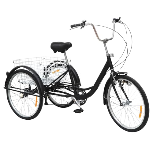 HINOPY Dreirad für Erwachsene, 24" 6-Gang Erwachsenendreirad 3 Rad Fahrrad Senioren Tricycle mit Körb für Einkaufen, Reisen, Picknick (Schwarz) von HINOPY