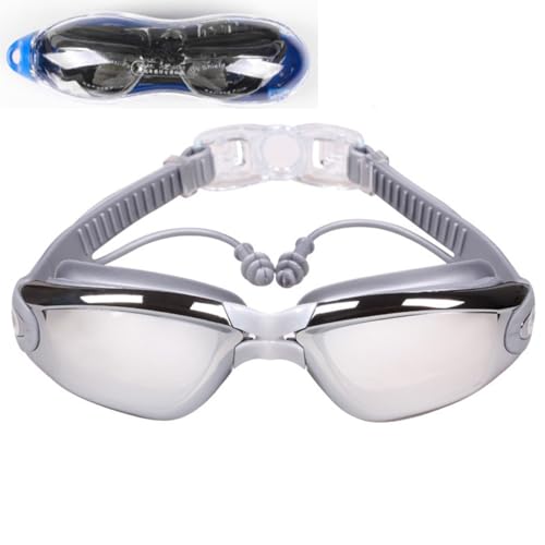 HSTWODE Optische Schwimmbrille mit Sehstärke Einteilige Schwimmbrille mit Ohrstöpsel, Dioptrien: -1,5 bis -8,0,Anti-Beschlag-UV-Schutz，Kostenlose schöne Box (Grau, Plattiert -1.5) von HSTWODE