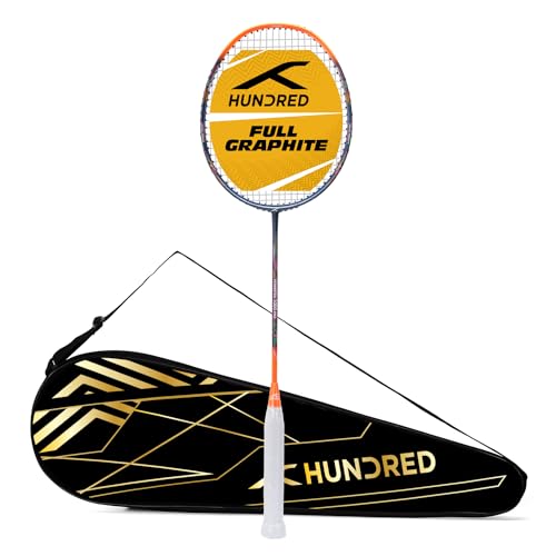 HUNDRED Powertek 1000 PRO Graphite Strung Badminton Racket with Full Racket Cover (Navy/Orange) | for Intermediate Players | 95 Grams | Maximum String Tension - 26lbs von HUNDRED