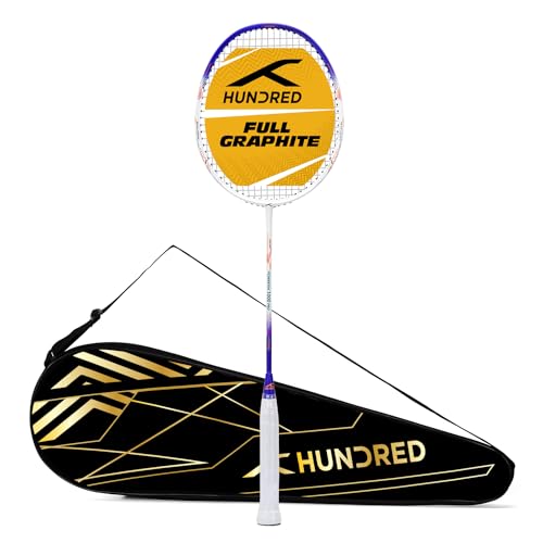 HUNDRED Powertek 1000 PRO Graphite Strung Badminton Racket with Full Racket Cover (White/Blue) | for Intermediate Players | 95 Grams | Maximum String Tension - 26lbs von HUNDRED