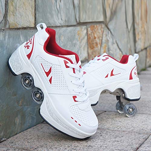 Roller Skate Shoes Rollschuhe verstellbar Damen Schuhe mit Rollen Retractable Roller Shoes Bequem und atmungsaktiv Quad Skates für mädchen (Red, 31) von HUOQILIN