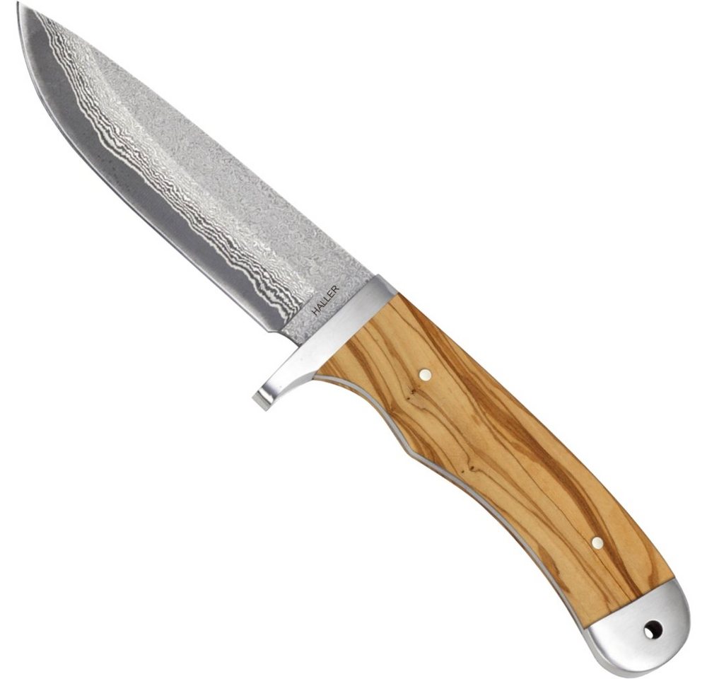 Haller Messer Universalmesser Damast Outdoormesser Olivenholz mit Lederscheide, rostfrei von Haller Messer