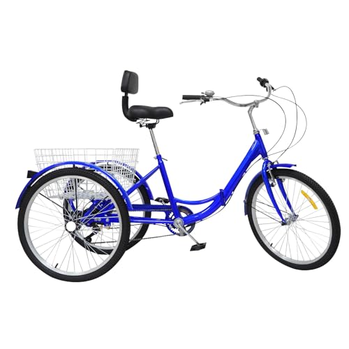 HarBin-Star 24 Zoll Klapprad Dreirad für Erwachsene, 3-Rad 7-Gang Dreirad Fahrrad Tricycle, mit Shopping Korb und Schutzbleche, 3 Räder Fahrrad Cruise Bikes, Dreirad Erwachsene (Blau) von HarBin-Star
