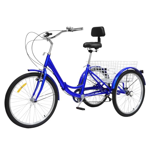 HarBin-Star 24 Zoll Klapprad Dreirad für Erwachsene, 3-Rad 7-Gang Dreirad Fahrrad Tricycle, mit Shopping Korb und Schutzbleche, 3 Räder Fahrrad Cruise Bikes, Dreirad Erwachsene (Blau) von HarBin-Star
