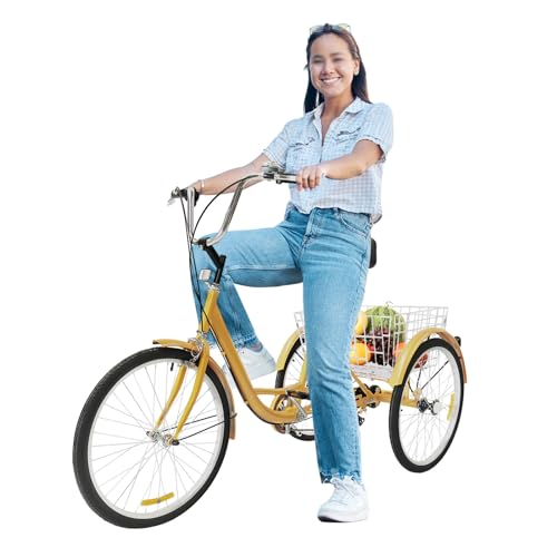 HauTour 24 Zoll Fahrrad Dreiräder,3 Räder 6 Gang-Fahrrad Dreiräder mit Rückenlehne und Einkaufskorb Dreirad Fahrrad Cruise Fahrrad Verstellbarer Lenker für älteres Dreirad von HauTour