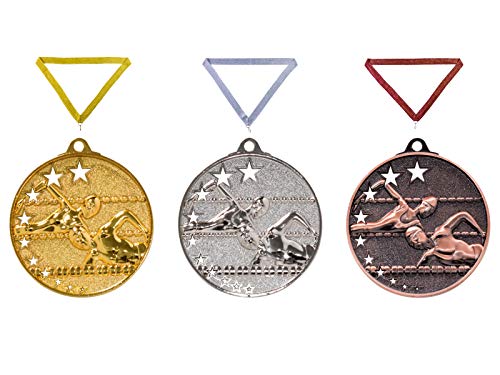 Henecka Medaille Schwimmen, Medaillen mit Wunschgravur, inklusive Halsband, wählbar in Gold, Silber, Bronze, oder als 3er-Serie (Gold) von Henecka