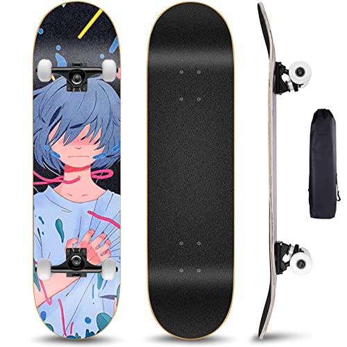 Komplett Anfänger Skateboard, 7 Schichten Ahorn-Skateboard für Kinder, 31 Zoll Skateboards für Jugendliche, Erwachsene, Junge, Mädchen, Komplettboard Konkave Deckform mit Doppel-Kick, Anime-Muster von VOMI