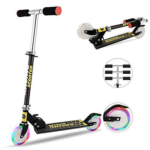 Hikole Scooter für Kinder mit LED-Beleuchtungsrädern, Höhenverstellbar für Jungen und Mädchen, Schutzblech-Bremse Hinten, Zusammenklappbar, 50 kg Tragkraft (Schwarz) von Hikole