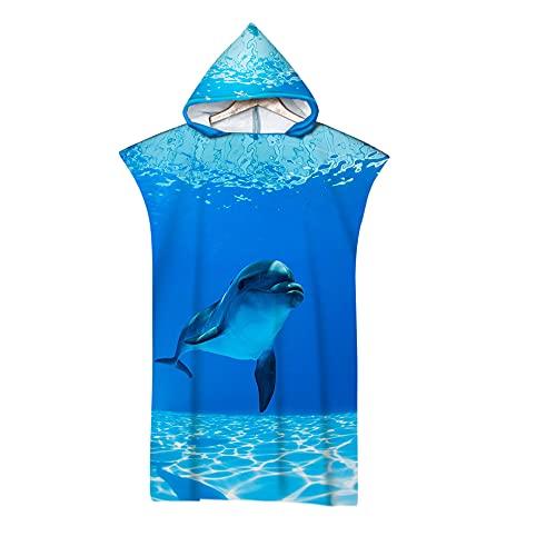 Hiseng Poncho Handtuch Erwachsene Surf Poncho mit Kapuze Strandtücher Schwimmen Strand Poncho für Jugendliche - 3D Tier Drucken Mikrofaser Badeponcho Badetuch (75x110cm,Delphin 7) von Hiseng