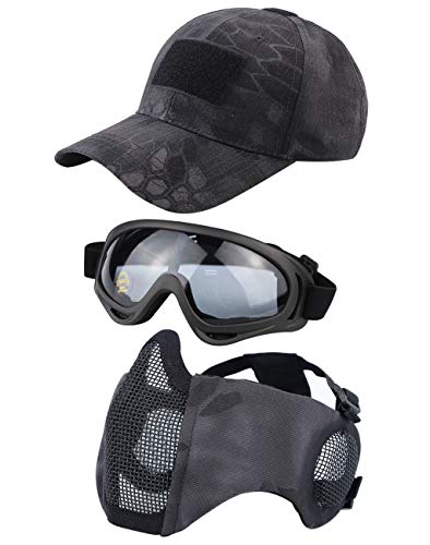 Hodeacc Taktische Airsoft-Maske, Baseballkappen-Set, verstellbare halbe Gesichtsmaske, mit Ohrenschutz, Airsoft-Brille, Augenschutz, Outdoor-Hut für Airsoft/BB/CS-Spiele, 3 Stück von Hodeacc