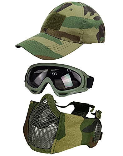 Hodeacc Taktische Airsoft-Maske, Baseballkappen-Set, verstellbare Halbgesichtsmaske mit Ohrenschutz, Anti-UV-Airsoft-Brille, Augenschutz, Outdoor-Hut für Outdoor-Airsoft/BB/CS-Spiele, 3-teilig von Hodeacc