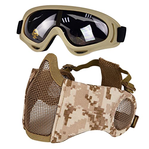Hodeacc Airsoft-Maske und Schutzbrille, halbes Gesicht, Metall-Mesh-Maske mit Ohrenschutz, Airsoft-Brille Augenschutz für Outdoor-Jagd, CS Spiel (DD Maske) von Hodeacc