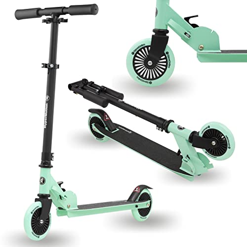 HyperMotion Scooter für Kinder von 3-8 Jahren, Zweirad Scooter Willy, Faltbar, Höhenverstellbarer Lenker, Gummiräder, rutschfeste Plattform, Belastbarkeit bis 40 kg, Schwarz und Minze von HyperMotion