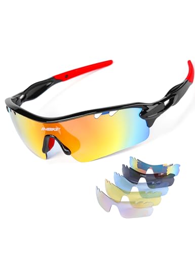 INBIKE Sonnenbrille Herren Damen Polarisiert Verspiegelt Fahrradbrille Radbrille Sport Brille UV400 Schutz mit 5 Wechselgläser,Schwarz von INBIKE
