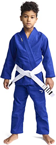 IPPONGEAR Brazilian Jiu Jitsu Kinder/Einsteiger Anzug inkl weißem Gürtel [M00 I Pearl-Weave Material I 350gr/m² Stoffdichte I Reißfest] blau von IPPONGEAR