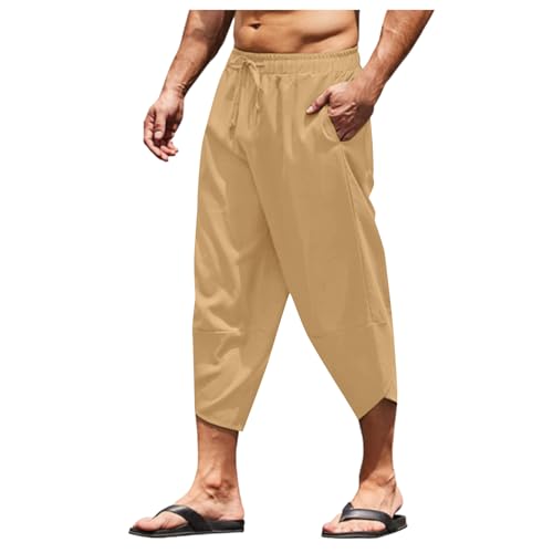Leinenhose Herren Kurz 3/4- Leichte Kurze Sommerhose, Spleißen Leinen Baumwolle Shorts Bermuda Shorts Caprihose Beach Shorts von Jabidoos