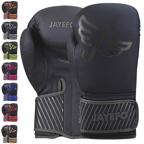Jayefo Glorious Boxhandschuhe Muay Thai Kickboxen Leder Sparring Heavy Bag Workout Pro Leder Handschuhe Handschuhe Handschuhe Arbeit für Männer und Frauen, schwarz, 12 OZ von Jayefo