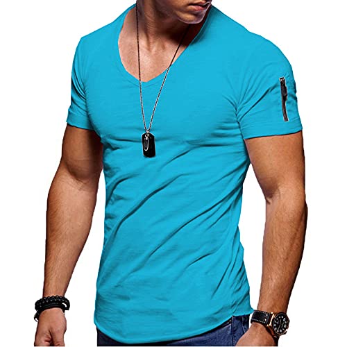 Jungerhouse Herren Sommer T-Shirt Basic V-Ausschnitt Kurzarm Casual Einfarbig Tops Slim Fit (L,Himmelblau) von Jungerhouse