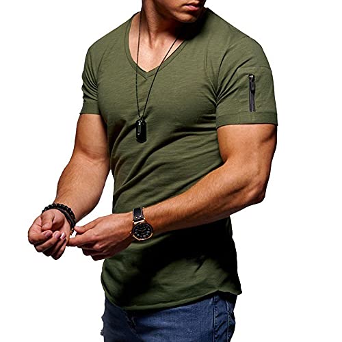 Jungerhouse Herren Sommer T-Shirt Basic V-Ausschnitt Kurzarm Casual Einfarbig Tops Slim Fit (M,Armeegrün) von Jungerhouse
